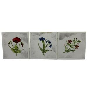 Denmark Ceramic Tiles Floral Coasters Set Of 3 Hand Painted Flowers 3 in Vintage